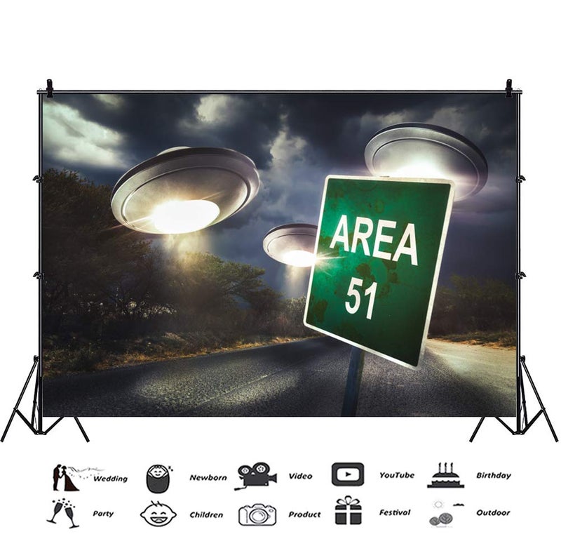 AOFOTO 7x5ft UFO Photography Backdrop Area 51 Sign Road Trees Dark Clods Nightscape Background UFO Invasion Earth Spacecraft Spaceship Baby Boy Man Happy Birthday Performance Decor Photo Booth Prop - Image 3
